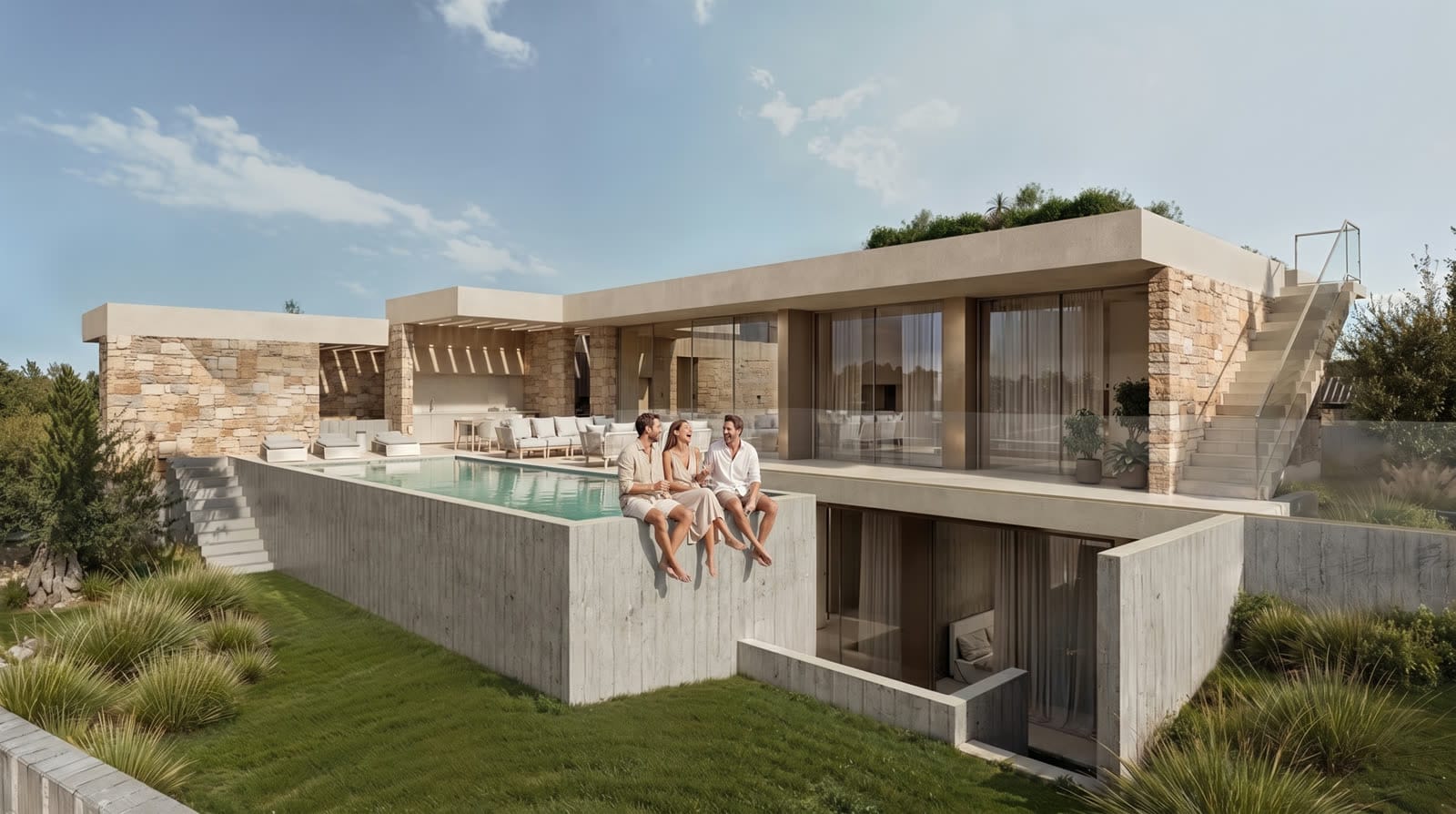 Paar auf der Terrasse einer Neubau-Immobilie mit Infinity-Pool auf Zypern